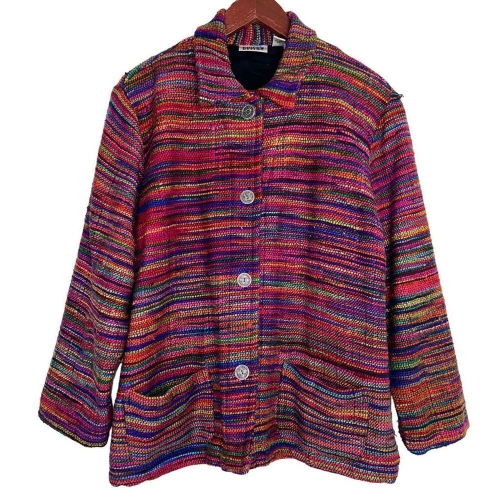 Vintage Chico’s Design Womens Woven Rainbow Blazer Jacket Large Silk Blend Artsy